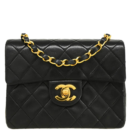 Chanel 1989-1991 Black Lambskin Mini Classic Square Flap Shoulder Bag