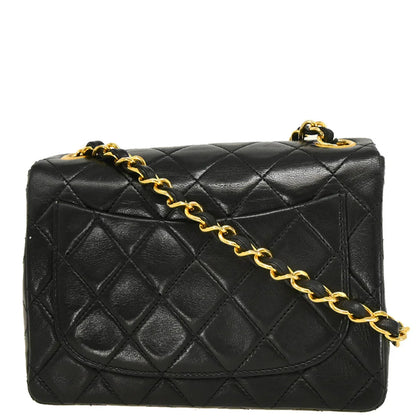 Chanel 1989-1991 Black Lambskin Mini Classic Square Flap Shoulder Bag