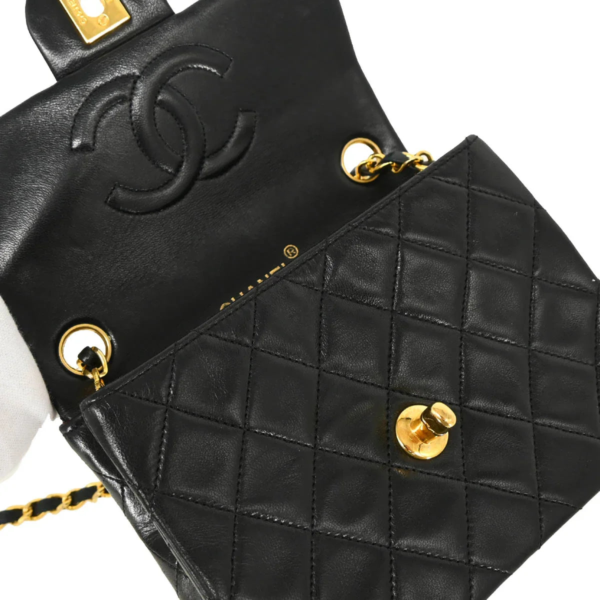 Chanel 1989-1991 Black Lambskin Mini Classic Square Flap Shoulder Bag