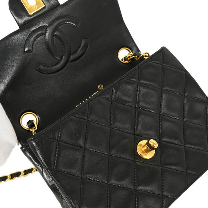 Chanel 1989-1991 Black Lambskin Mini Classic Square Flap Shoulder Bag