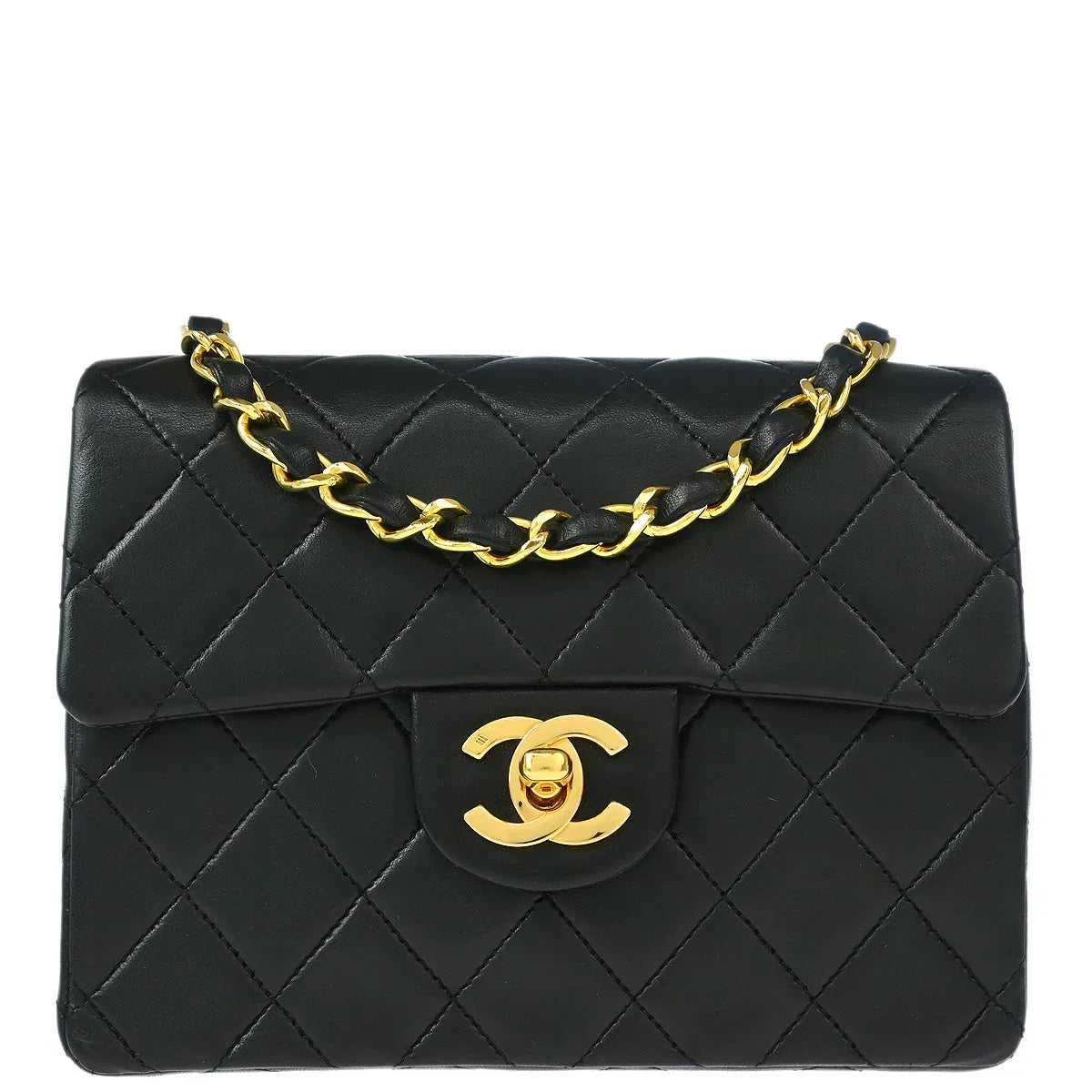 Chanel 1989-1991 Black Lambskin Mini Classic Square Flap Shoulder Bag