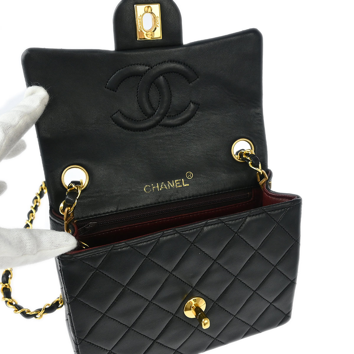 ヴィンテージ シャネル Chanel 1989-1991 Black Lambskin Mini Classic Square Flap