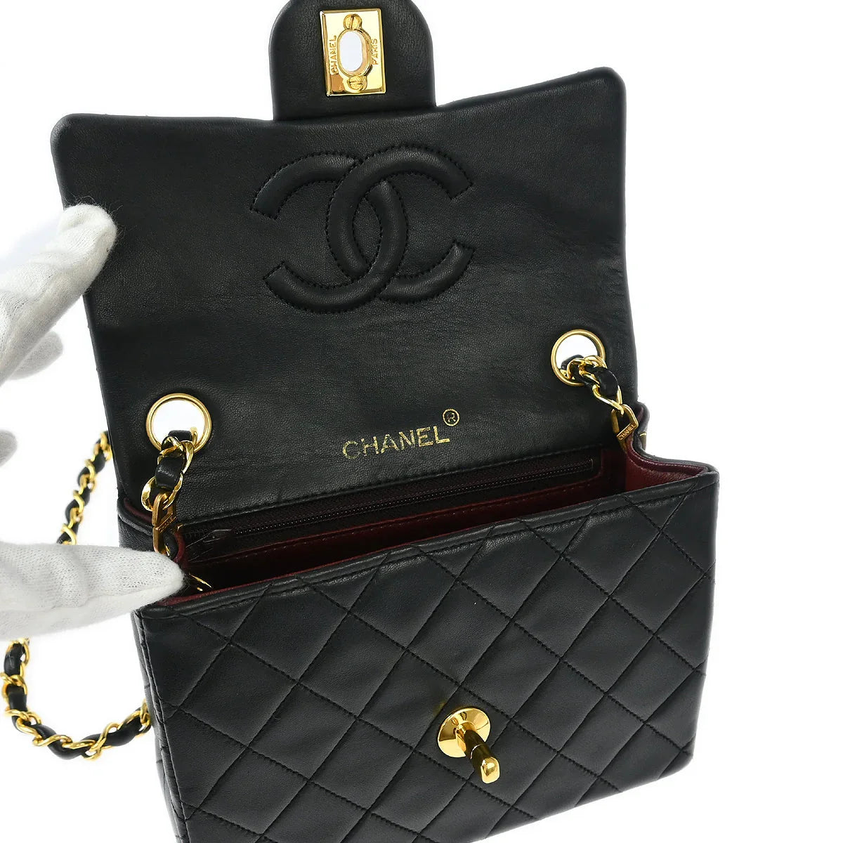 Chanel 1989-1991 Black Lambskin Mini Classic Square Flap Shoulder Bag
