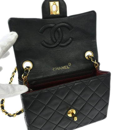 Chanel 1989-1991 Black Lambskin Mini Classic Square Flap Shoulder Bag