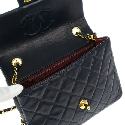Chanel 1989-1991 Navy Lambskin Classic Square Flap Shoulder Bag