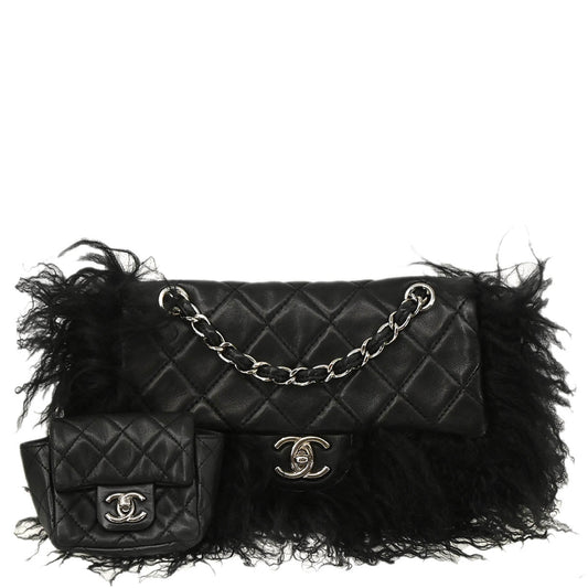 Chanel Black Lambskin Fur Shoulder Bag