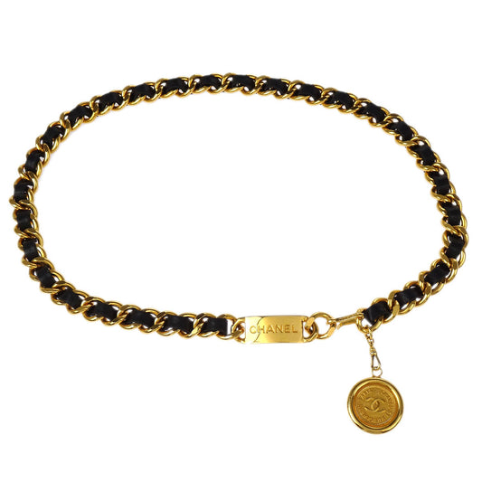 Chanel Chain Belt Medallion Gold Black Small Good