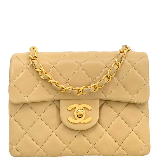 Chanel 1994-1996 Beige Lambskin Mini Classic Square Flap Shoulder Bag