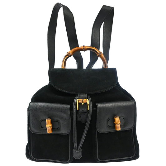 Gucci Black Suede Bamboo Backpack