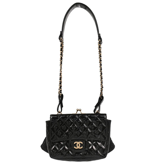 Chanel 2009-2010 Black Patent Leather Dentelle Twin Shoulder Bag