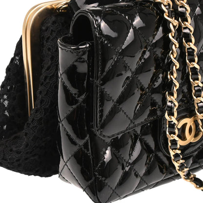 Chanel 2009-2010 Black Patent Leather Dentelle Twin Shoulder Bag