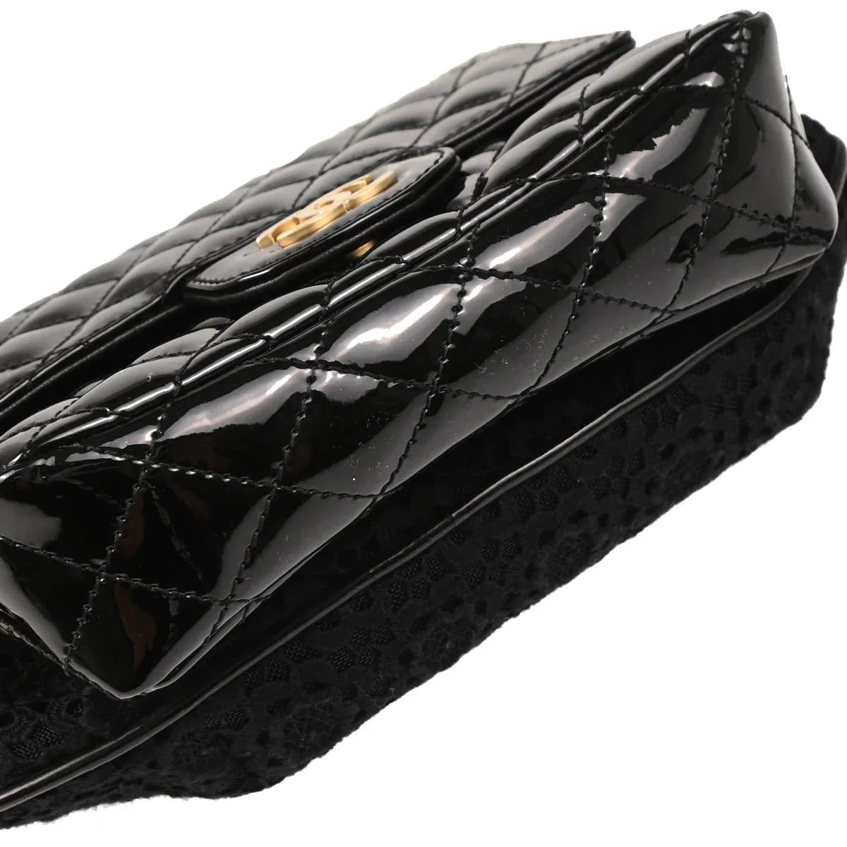 Chanel 2009-2010 Black Patent Leather Dentelle Twin Shoulder Bag