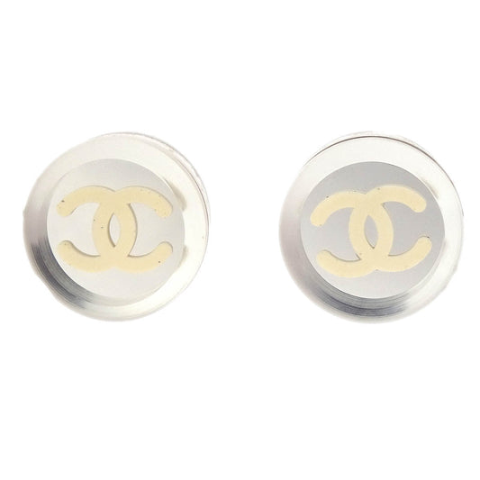 Chanel Button Piercing Earrings Clear Silver 03C