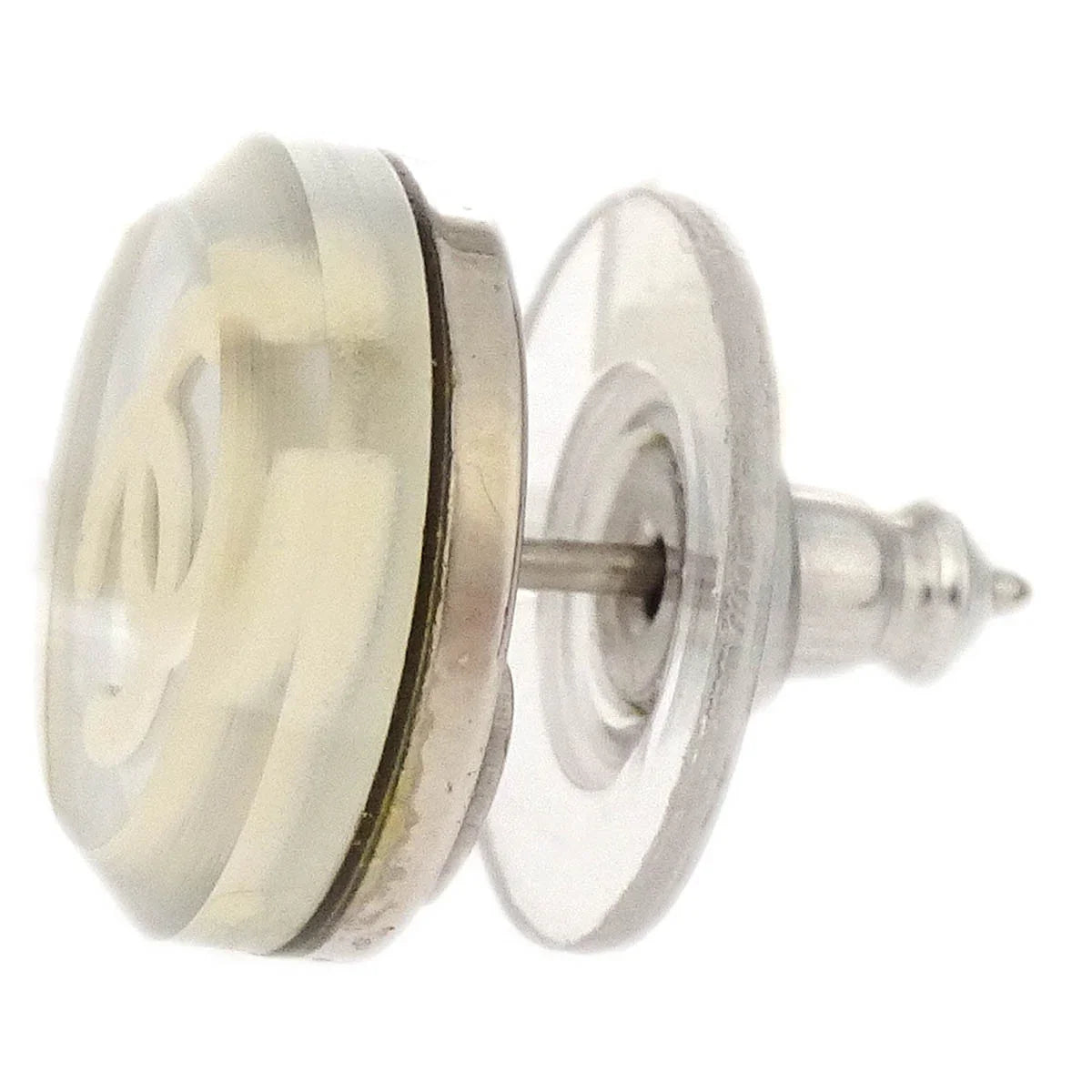 Chanel Button Piercing Earrings Clear Silver 03C
