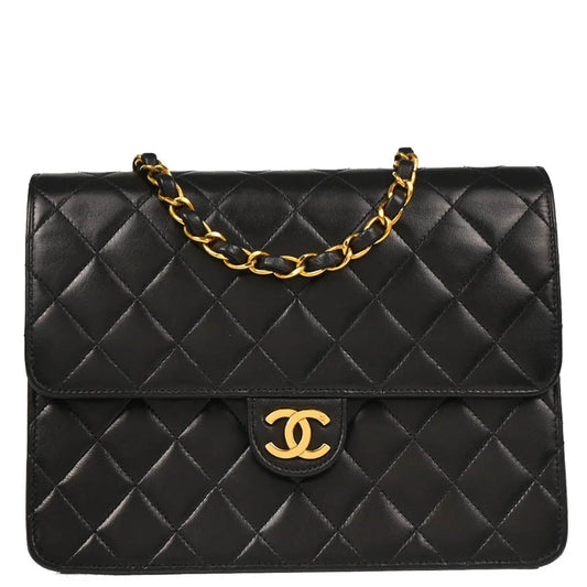 Chanel 1997-1999 Black Lambskin Pushlock Small Half Flap Shoulder Bag