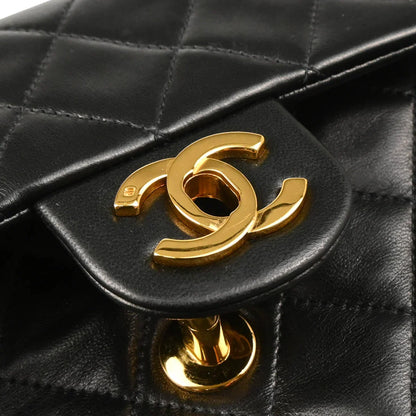 Chanel 1991-1994 Black Lambskin Mini Classic Square Flap Shoulder Bag