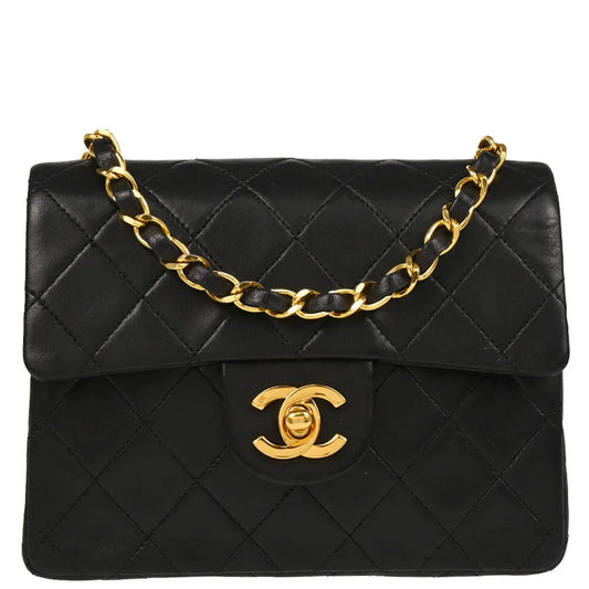 Chanel 1989-1991 Black Lambskin Mini Classic Square Flap Shoulder Bag