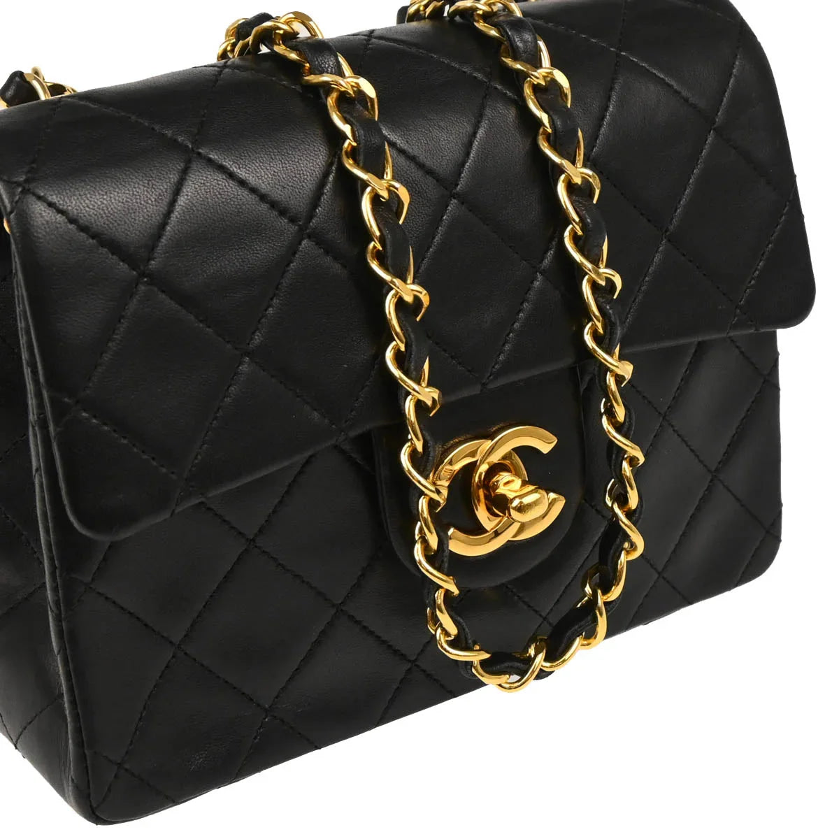 Chanel 1989-1991 Black Lambskin Mini Classic Square Flap Shoulder Bag