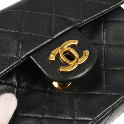 Chanel 1989-1991 Black Lambskin Mini Classic Square Flap Shoulder Bag
