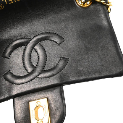 Chanel 1989-1991 Black Lambskin Mini Classic Square Flap Shoulder Bag