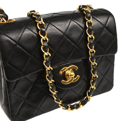 Chanel 1994-1996 Black Lambskin Mini Classic Square Flap Shoulder Bag