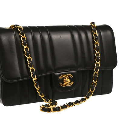 Chanel 1991-1994 Black Lambskin Mademoiselle Single Flap Shoulder Bag