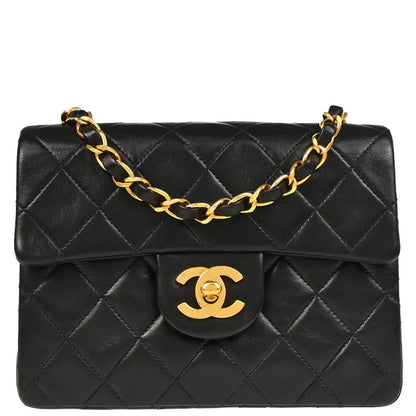 Chanel 1991-1994 Black Lambskin Mini Classic Square Flap Shoulder Bag