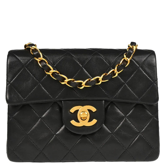 Chanel 1991-1994 Black Lambskin Mini Classic Square Flap Shoulder Bag