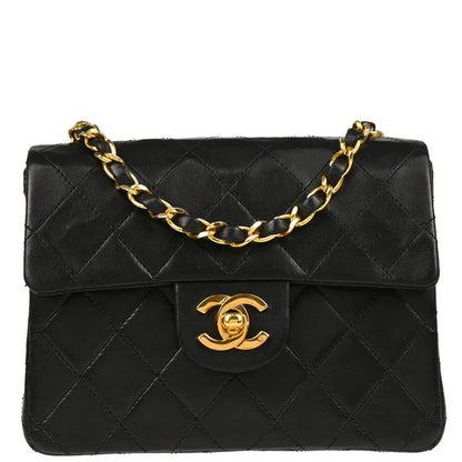 Chanel 1986-1988 Black Lambskin Mini Classic Square Flap Shoulder Bag