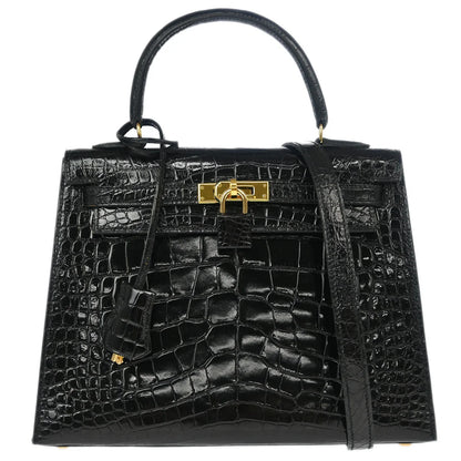Hermes * Black Alligator Kelly 25 Sellier 2way Shoulder Handbag