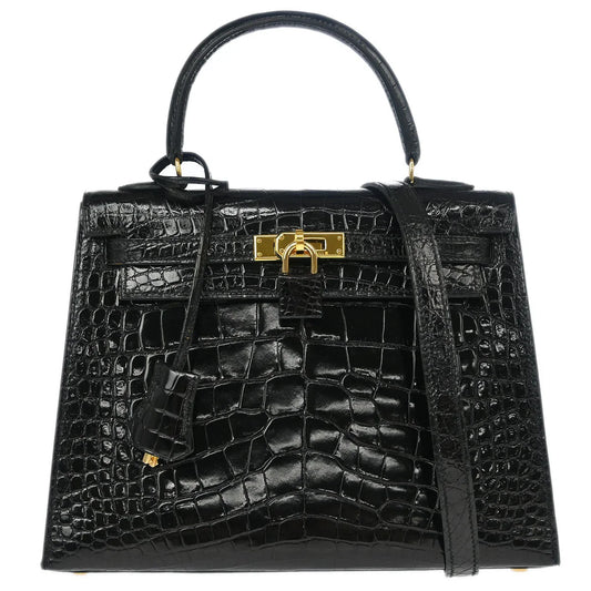 Hermes * Black Alligator Kelly 25 Sellier 2way Shoulder Handbag