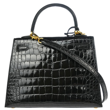 Hermes * Black Alligator Kelly 25 Sellier 2way Shoulder Handbag
