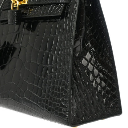 Hermes * Black Alligator Kelly 25 Sellier 2way Shoulder Handbag