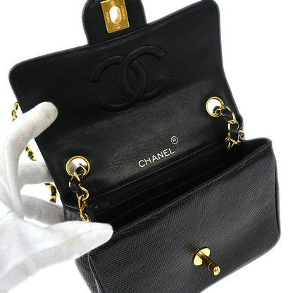 Chanel 1989-1991 * Black Lizard Mini Classic Square Flap Shoulder Bag