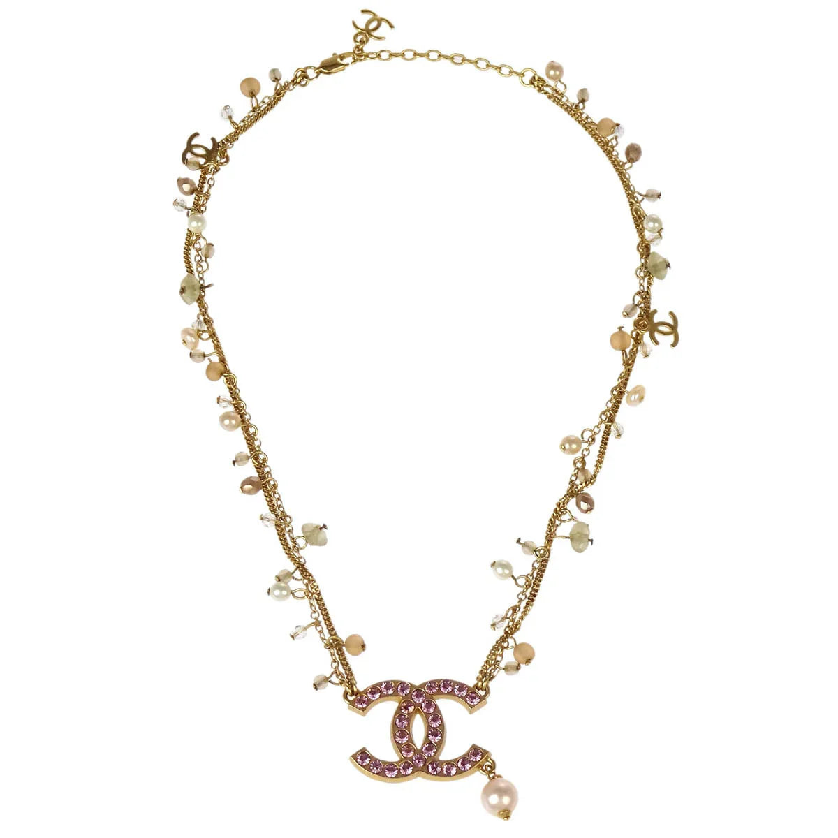 Chanel CC Chain Pendant Necklace Rhinestone Costume Pearl Gold 02P