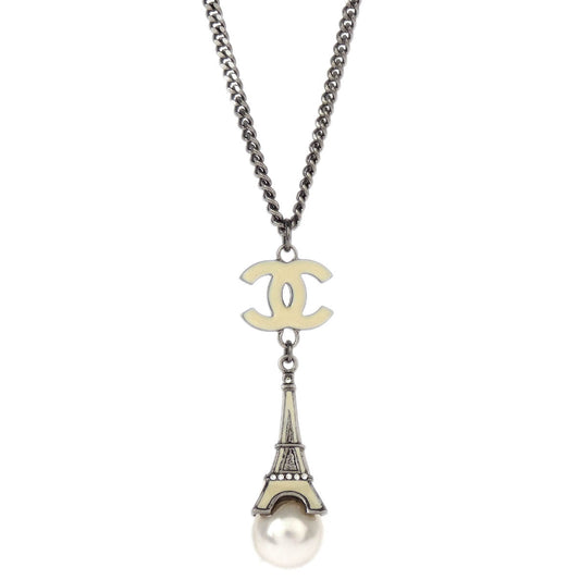 Chanel Eiffel Tower Costume Pearl Rhinestone Silver Chain Necklace 06C
