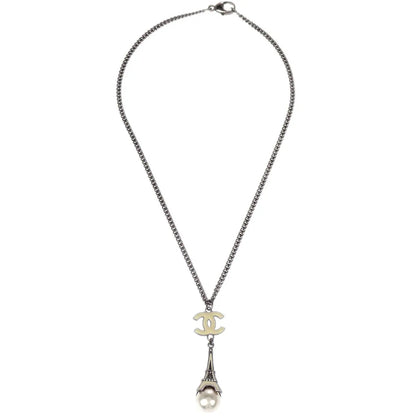 Chanel Eiffel Tower Costume Pearl Rhinestone Silver Chain Necklace 06C