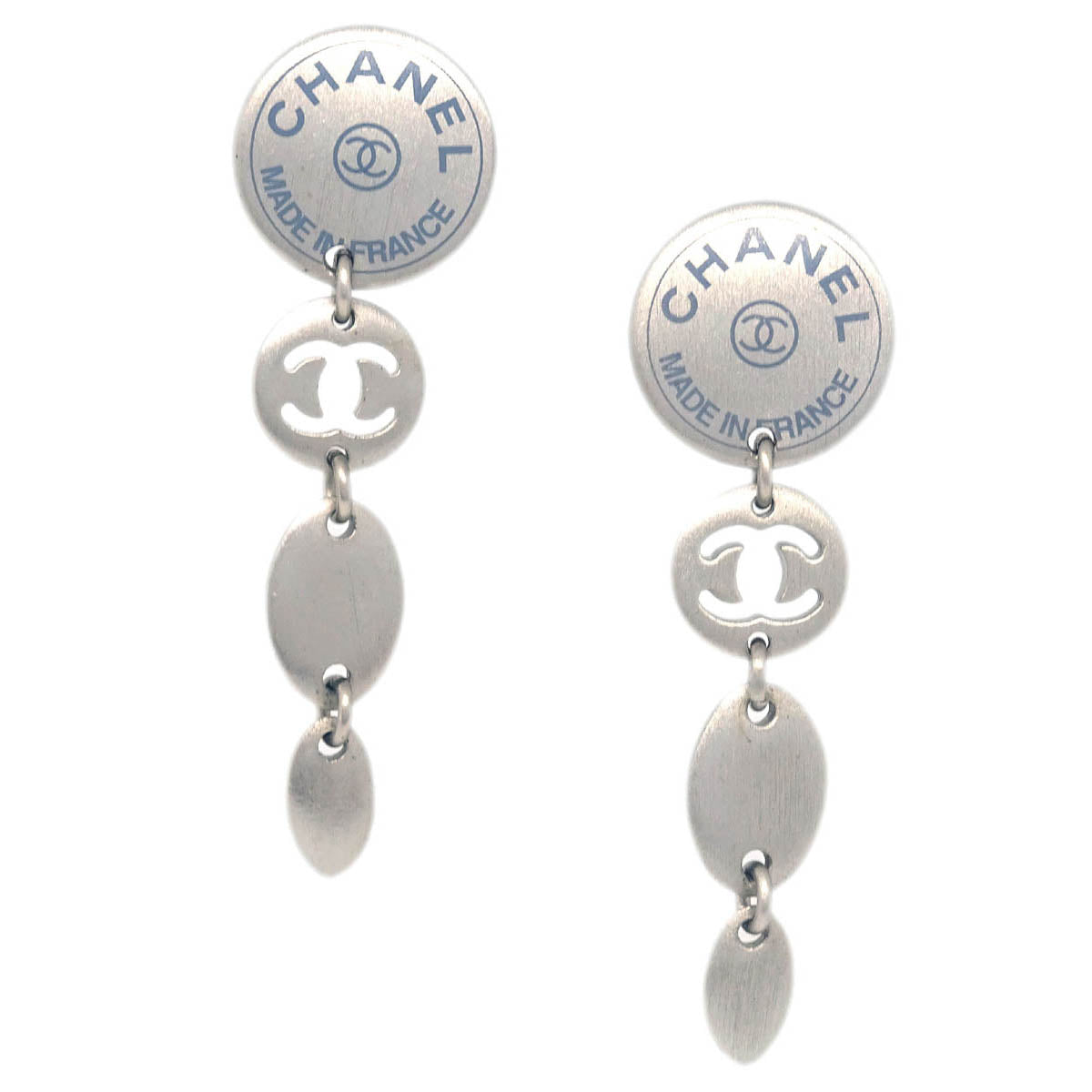 Chanel Button Silver Dangle Piercing Earrings 99A
