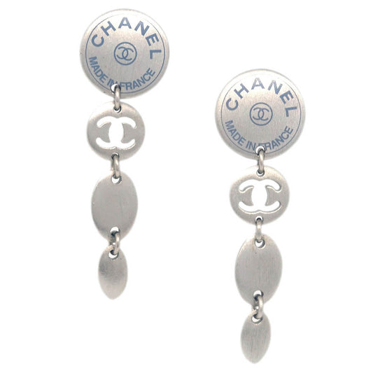 Chanel Button Silver Dangle Piercing Earrings 99A