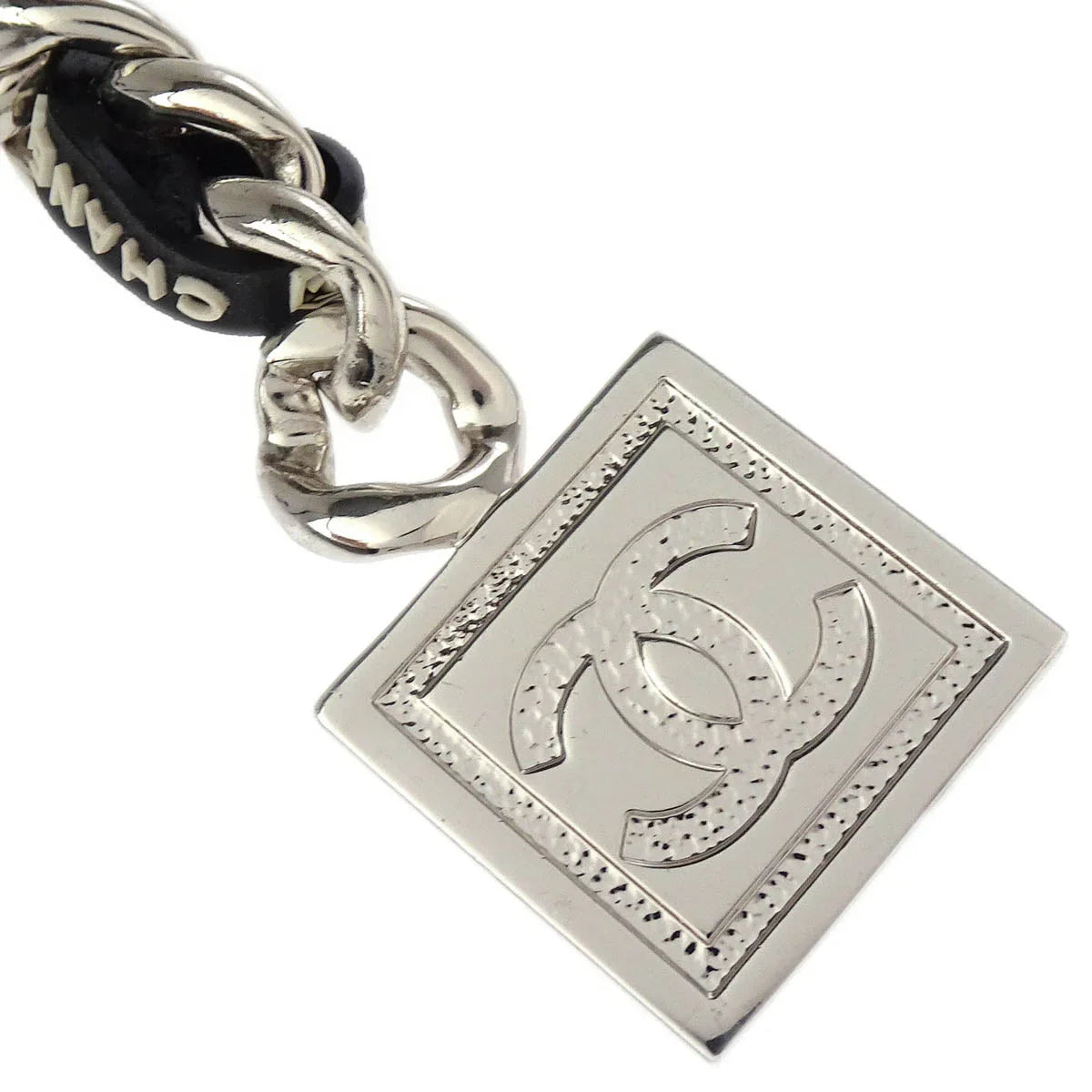 Chanel Silver Black Chain Belt Sport Line Square Charm Small Good 05A