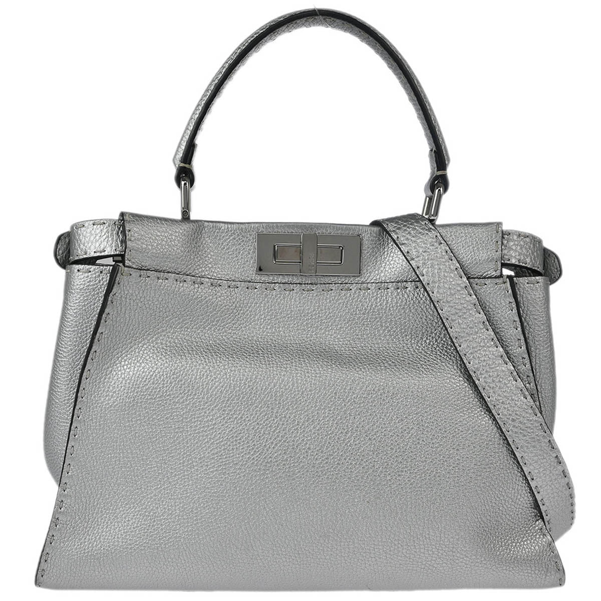 Fendi Silver Leather Peekaboo 2way Shoulder Handbag