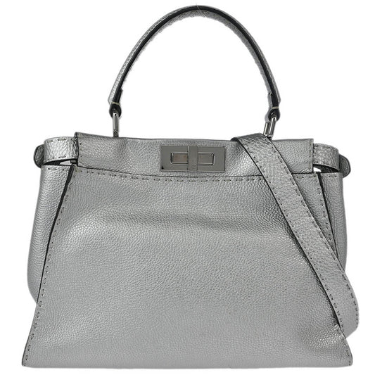 Fendi Silver Leather Peekaboo 2way Shoulder Handbag