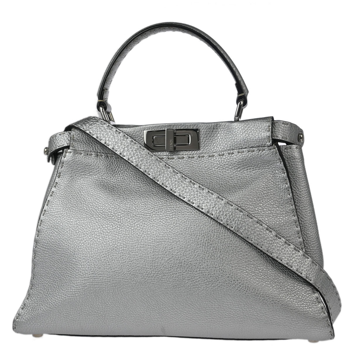 Fendi Silver Leather Peekaboo 2way Shoulder Handbag