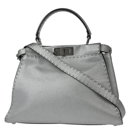 Fendi Silver Leather Peekaboo 2way Shoulder Handbag
