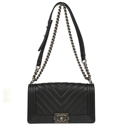 Boy Chanel 2017-2018 Black Caviar Chevron Medium Shoulder Bag