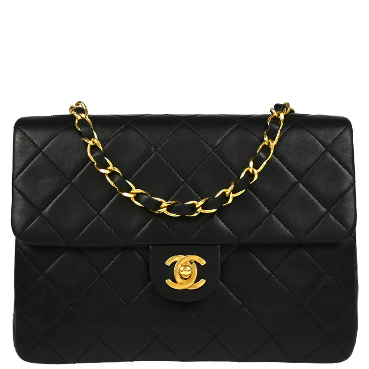 Chanel 1989-1991 Black Lambskin Classic Square Flap Shoulder Bag