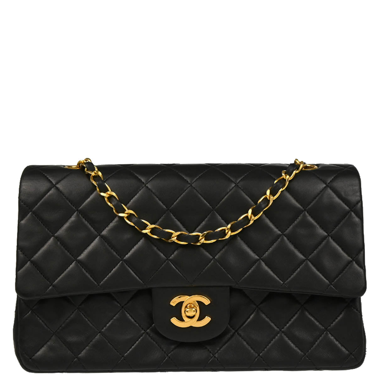 Chanel 1989-1991 Black Lambskin Medium Classic Double Flap Shoulder Bag