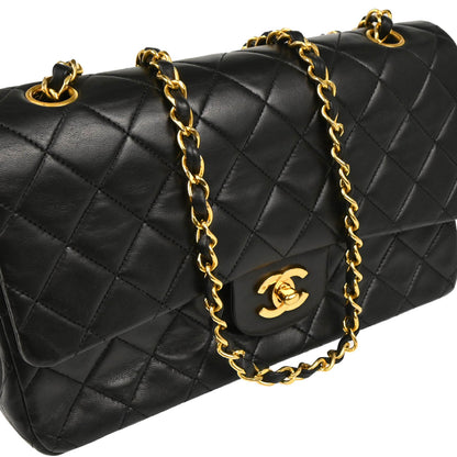 Chanel 1989-1991 Black Lambskin Medium Classic Double Flap Shoulder Bag