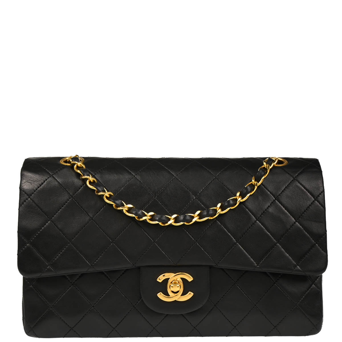Chanel 1989-1991 Black Lambskin Medium Classic Double Flap Shoulder Bag
