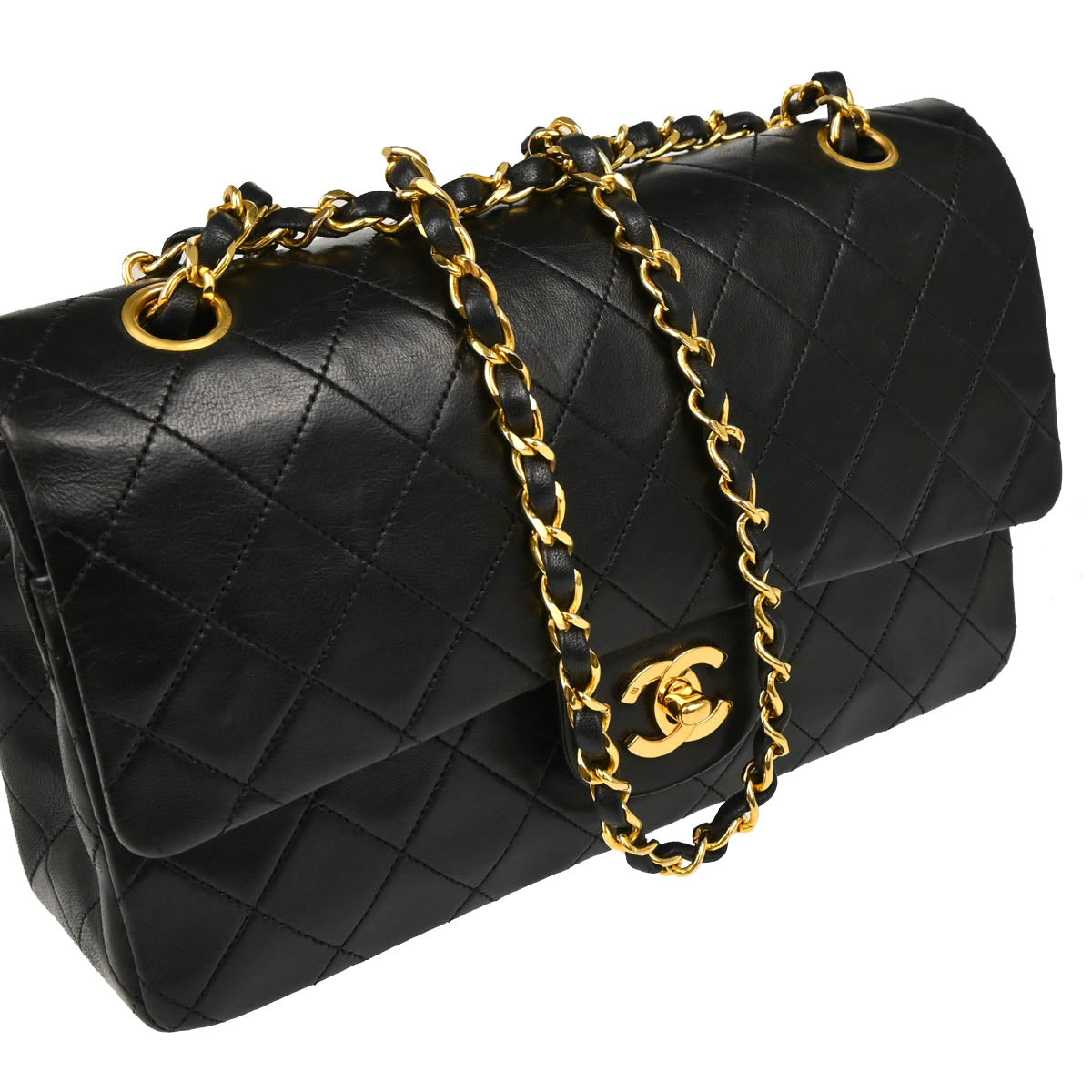Chanel 1989-1991 Black Lambskin Medium Classic Double Flap Shoulder Bag